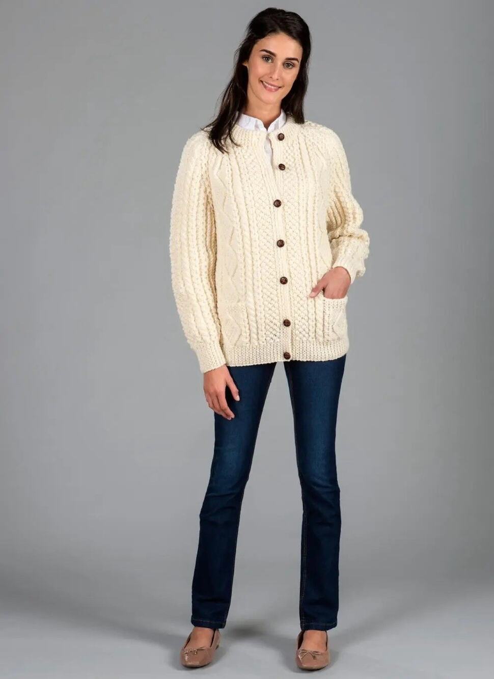 shades of aran ireland fisherman cream white button cardigan m